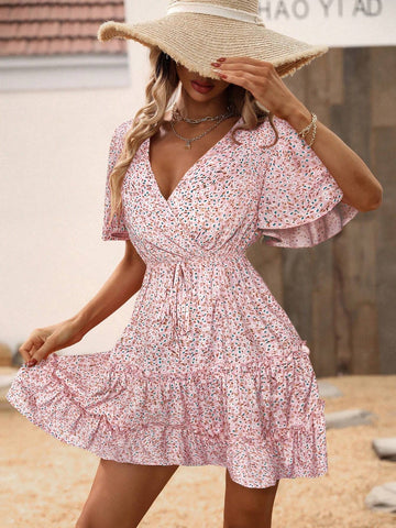 Women's Summer Ruffle Short Sleeve Casual Dress With Drawstring Waist