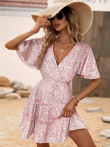 Women's Summer Ruffle Short Sleeve Casual Dress With Drawstring Waist