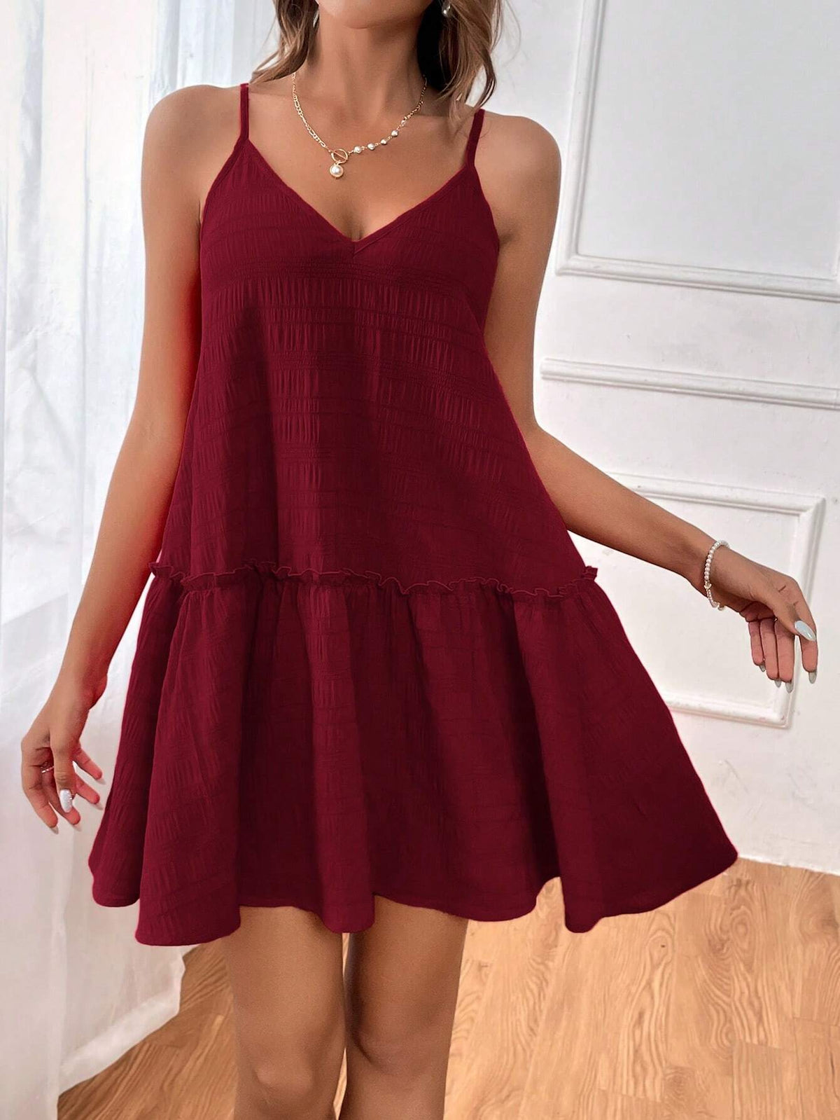 Women's Summer Solid Color Splice Ruffle Loose Strap Sundress