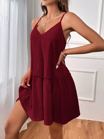 Women's Summer Solid Color Splice Ruffle Loose Strap Sundress