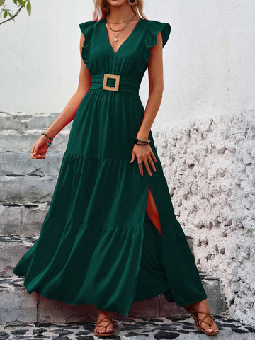 Women's Summer Solid Color V-Neck Cap Sleeve Elegant Dress