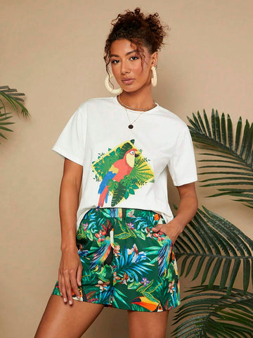 Women's Summer Tropical Plant Printed Short Sleeve T-Shirt And Shorts Casual 2-Piece Set For Vacation