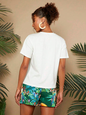 Women's Summer Tropical Plant Printed Short Sleeve T-Shirt And Shorts Casual 2-Piece Set For Vacation