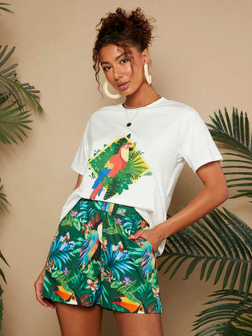 Women's Summer Tropical Plant Printed Short Sleeve T-Shirt And Shorts Casual 2-Piece Set For Vacation