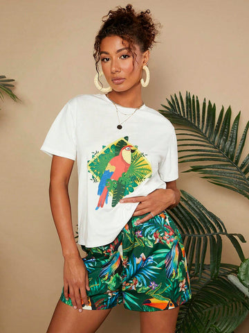 Women's Summer Tropical Plant Printed Short Sleeve T-Shirt And Shorts Casual 2-Piece Set For Vacation
