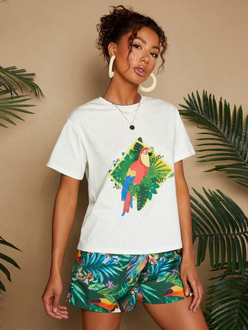 Women's Summer Tropical Plant Printed Short Sleeve T-Shirt And Shorts Casual 2-Piece Set For Vacation