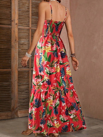 Women's Summer Tropical Plant Printed V-Neck Dress For Vacation (Random Print)
