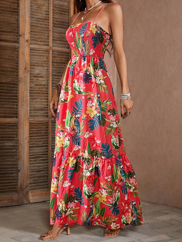 Women's Summer Tropical Plant Printed V-Neck Dress For Vacation (Random Print)