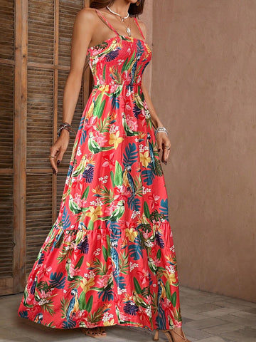 Women's Summer Tropical Plant Printed V-Neck Dress For Vacation (Random Print)