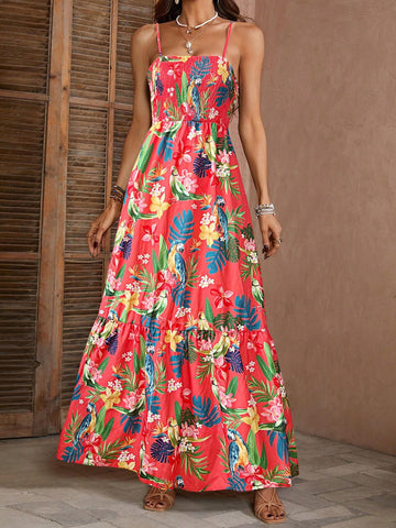 Women's Summer Tropical Plant Printed V-Neck Dress For Vacation (Random Print)