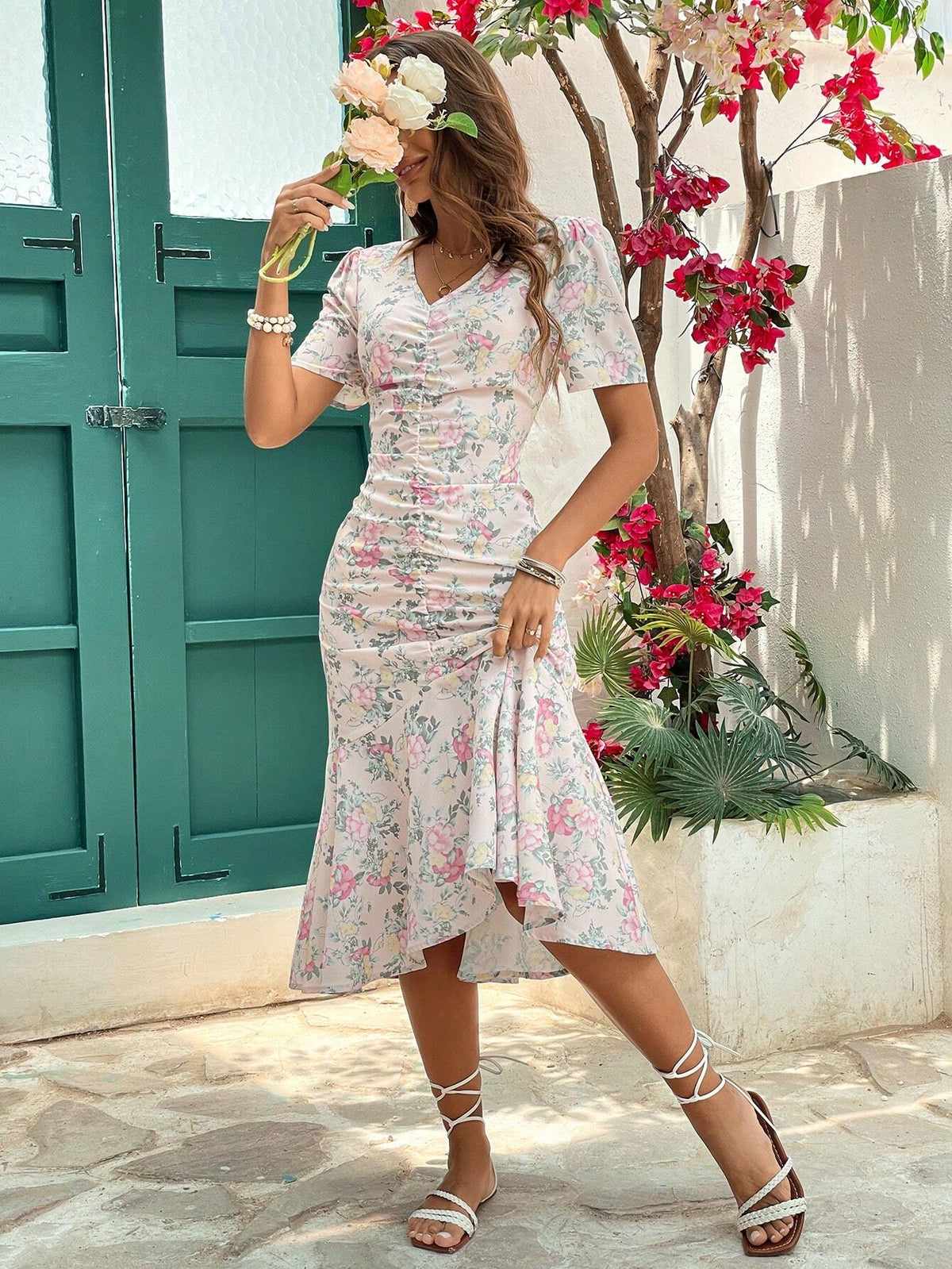 Women's Summer V-Neck Ruffled Hem Floral Dress