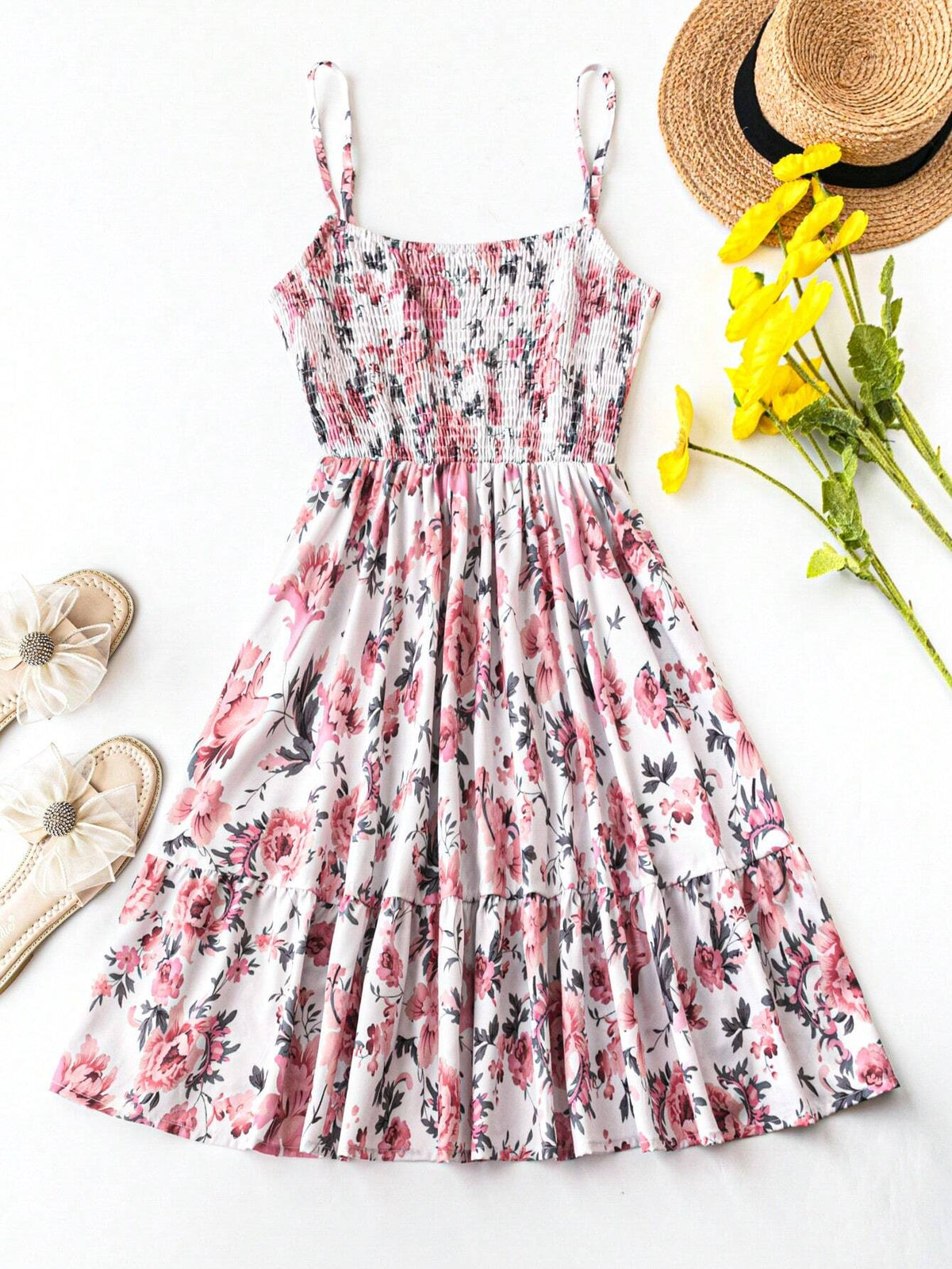Women's Summer Vacation Floral Print Shirred Dress