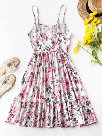 Women's Summer Vacation Floral Print Shirred Dress