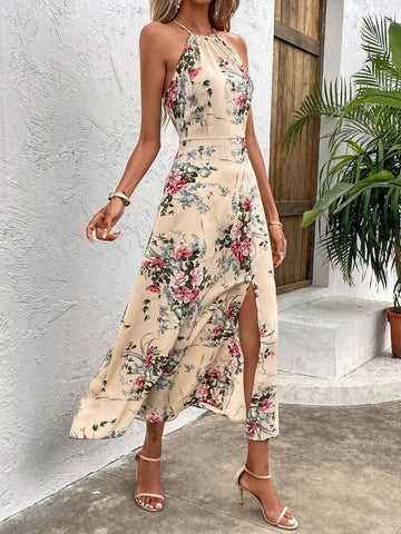 Women's Summer Vacation Floral Printed Halter Neck Split Dress, Random Print