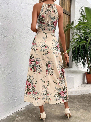 Women's Summer Vacation Floral Printed Halter Neck Split Dress, Random Print