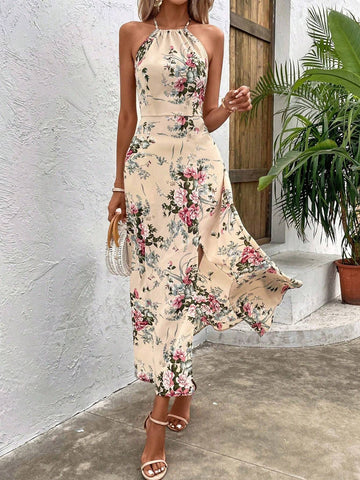 Women's Summer Vacation Floral Printed Halter Neck Split Dress, Random Print