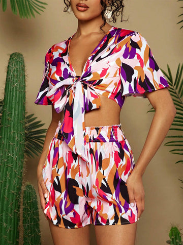 Women's Summer Vacation Geometric Print Tie Front Short Sleeve Crop Top And Shorts Two-Piece Set