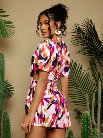Women's Summer Vacation Geometric Print Tie Front Short Sleeve Crop Top And Shorts Two-Piece Set