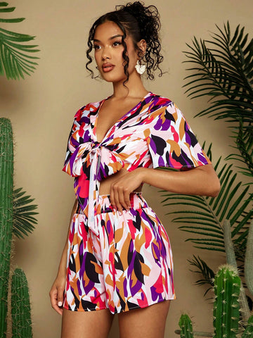 Women's Summer Vacation Geometric Print Tie Front Short Sleeve Crop Top And Shorts Two-Piece Set