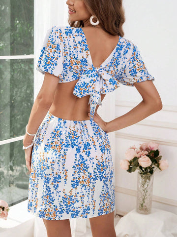 Women's Summer Vacation Style Floral Print V-Neck Dress With Waistband And Backless Design
