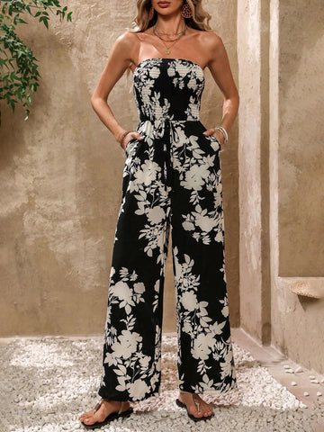Women's Summer Vacation Style Floral Print Wide Leg Jumpsuit With Strapless Ruffles