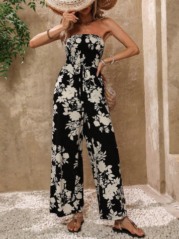 Women's Summer Vacation Style Floral Print Wide Leg Jumpsuit With Strapless Ruffles