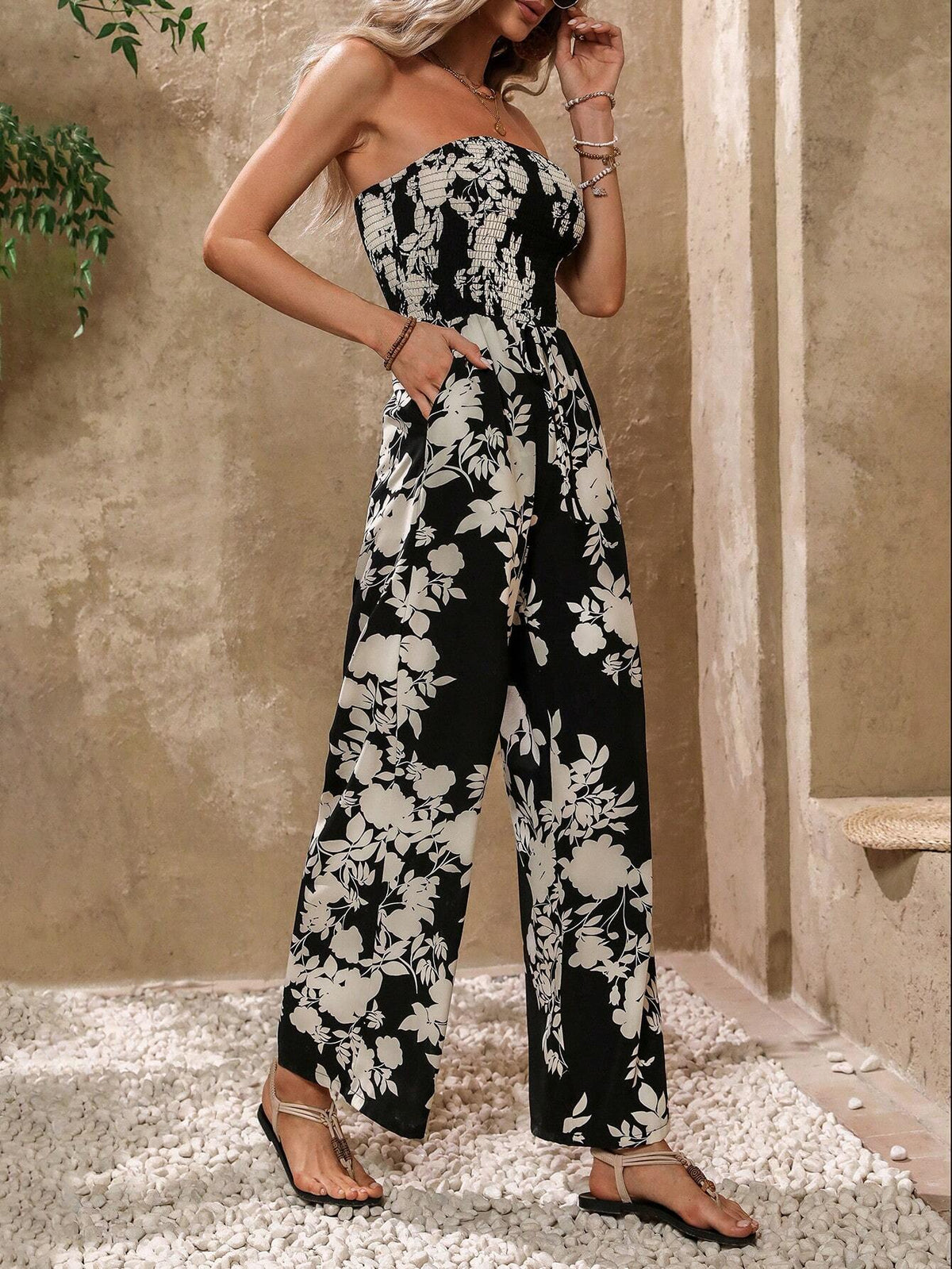 Women's Summer Vacation Style Floral Print Wide Leg Jumpsuit With Strapless Ruffles