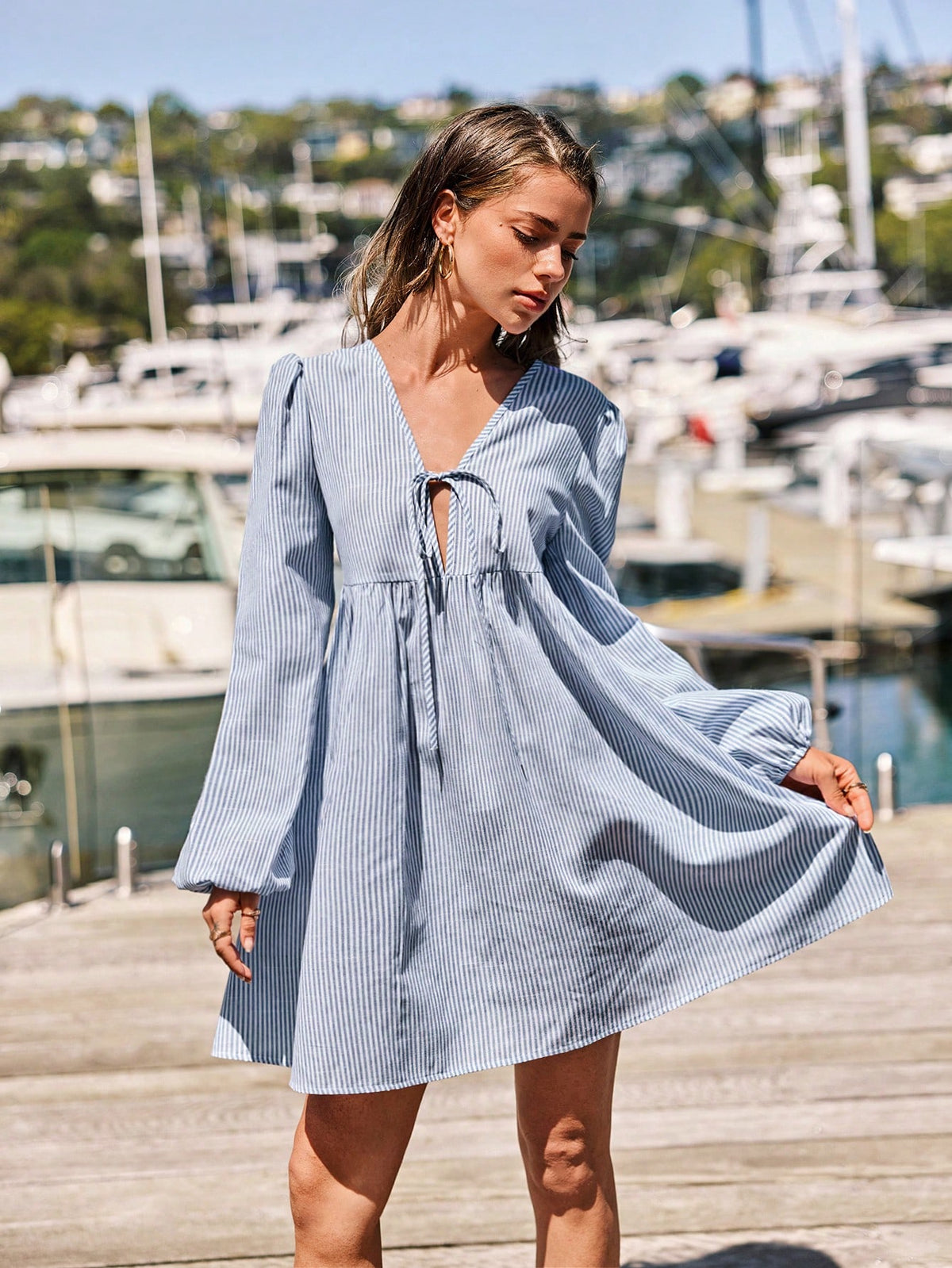 Women's Tie-Front Long Sleeve Striped Casual Mini Dress