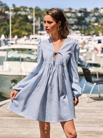 Women's Tie-Front Long Sleeve Striped Casual Mini Dress