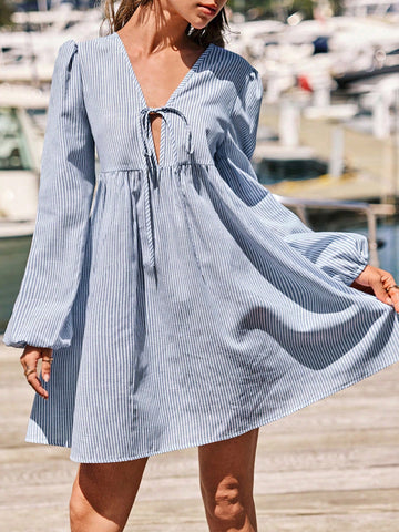 Women's Tie-Front Long Sleeve Striped Casual Mini Dress