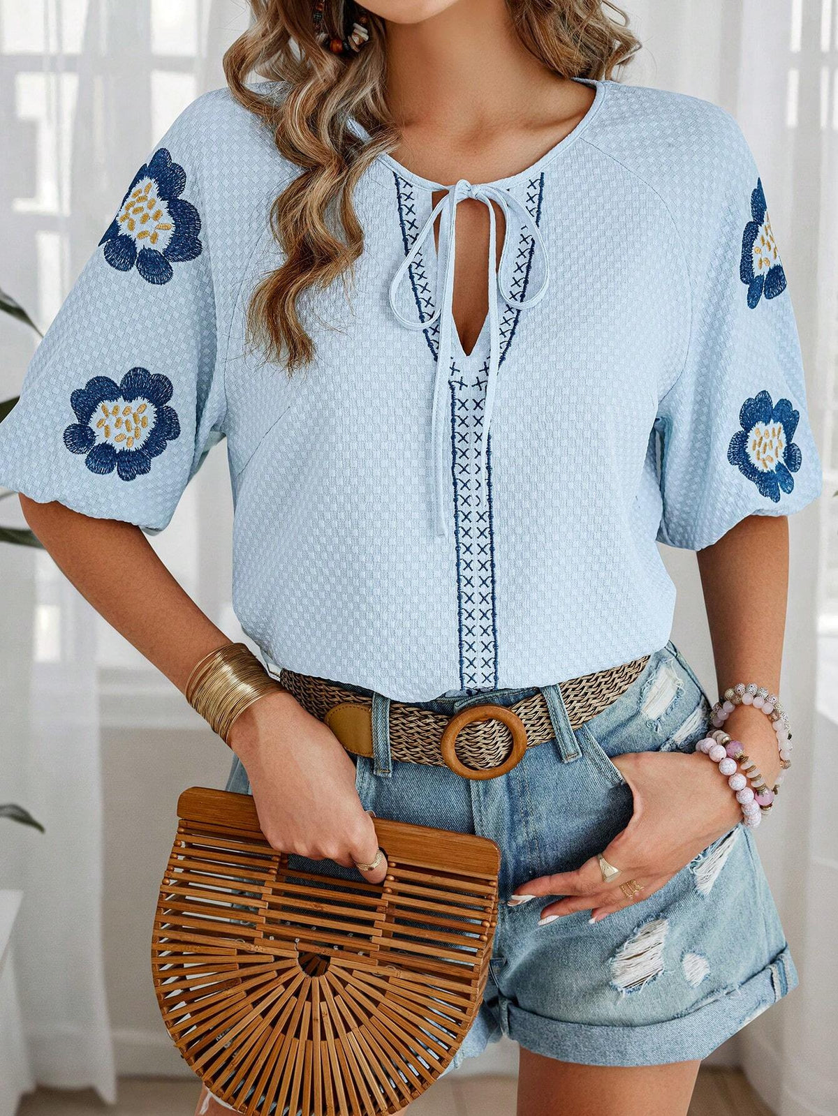 VCAY Women's Tie-Neck Embroidered Western-Inspired Casual Shirt For Vacation