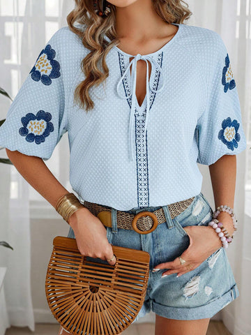 VCAY Women's Tie-Neck Embroidered Western-Inspired Casual Shirt For Vacation