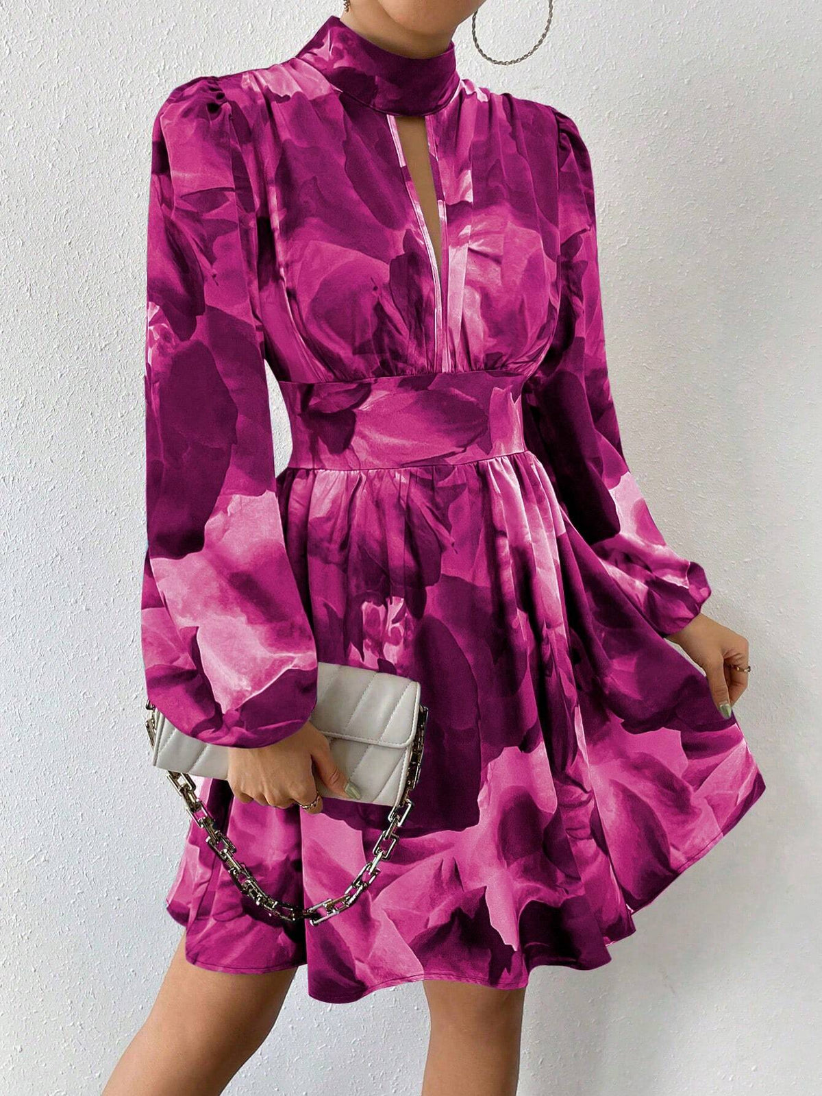 Women's Tie Dye Print Keyhole Neck Lantern Sleeve Waisted Short Elegant Dress