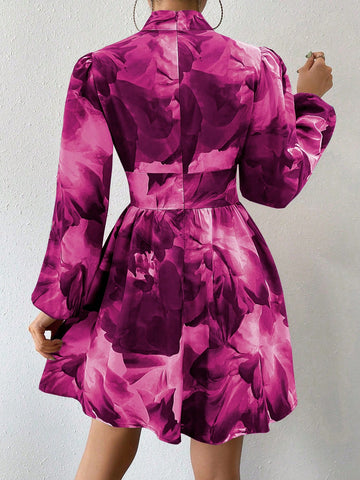 Women's Tie Dye Print Keyhole Neck Lantern Sleeve Waisted Short Elegant Dress