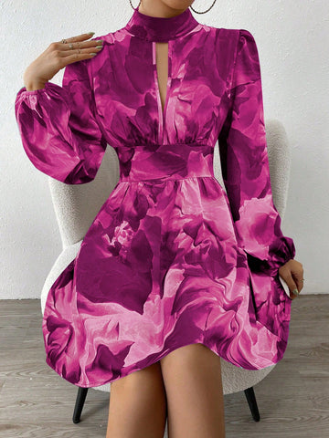 Women's Tie Dye Print Keyhole Neck Lantern Sleeve Waisted Short Elegant Dress