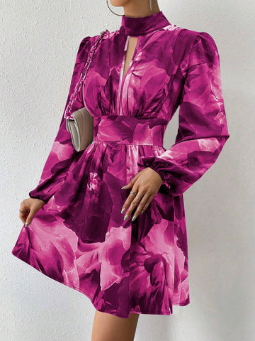 Women's Tie Dye Print Keyhole Neck Lantern Sleeve Waisted Short Elegant Dress