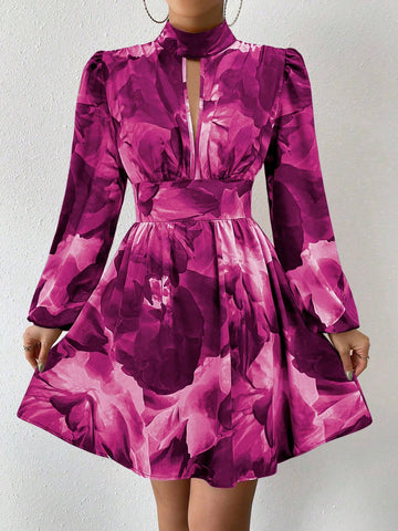 Women's Tie Dye Print Keyhole Neck Lantern Sleeve Waisted Short Elegant Dress