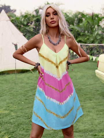 Women's Tie Dye Print Spaghetti Strap Maxi Dress, Perfect For Summer Music Festival