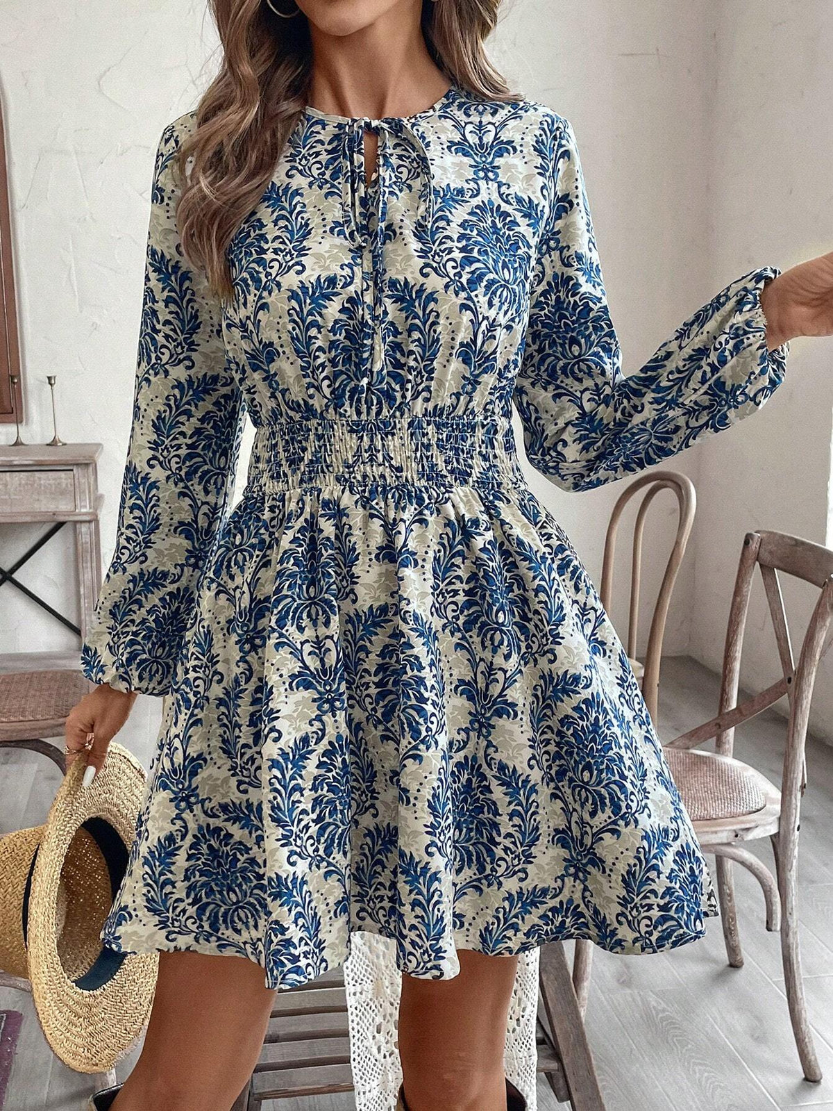 Women's Tie Waist, Lantern Sleeve, A-Line Print Mini Dress, Suitable For Vacation, Autumn/Winter