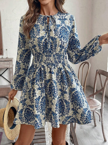 Women's Tie Waist, Lantern Sleeve, A-Line Print Mini Dress, Suitable For Vacation, Autumn/Winter