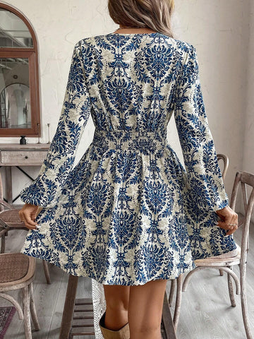 Women's Tie Waist, Lantern Sleeve, A-Line Print Mini Dress, Suitable For Vacation, Autumn/Winter