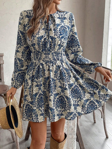 Women's Tie Waist, Lantern Sleeve, A-Line Print Mini Dress, Suitable For Vacation, Autumn/Winter