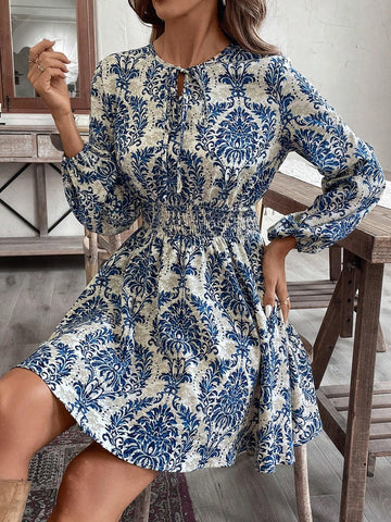 Women's Tie Waist, Lantern Sleeve, A-Line Print Mini Dress, Suitable For Vacation, Autumn/Winter