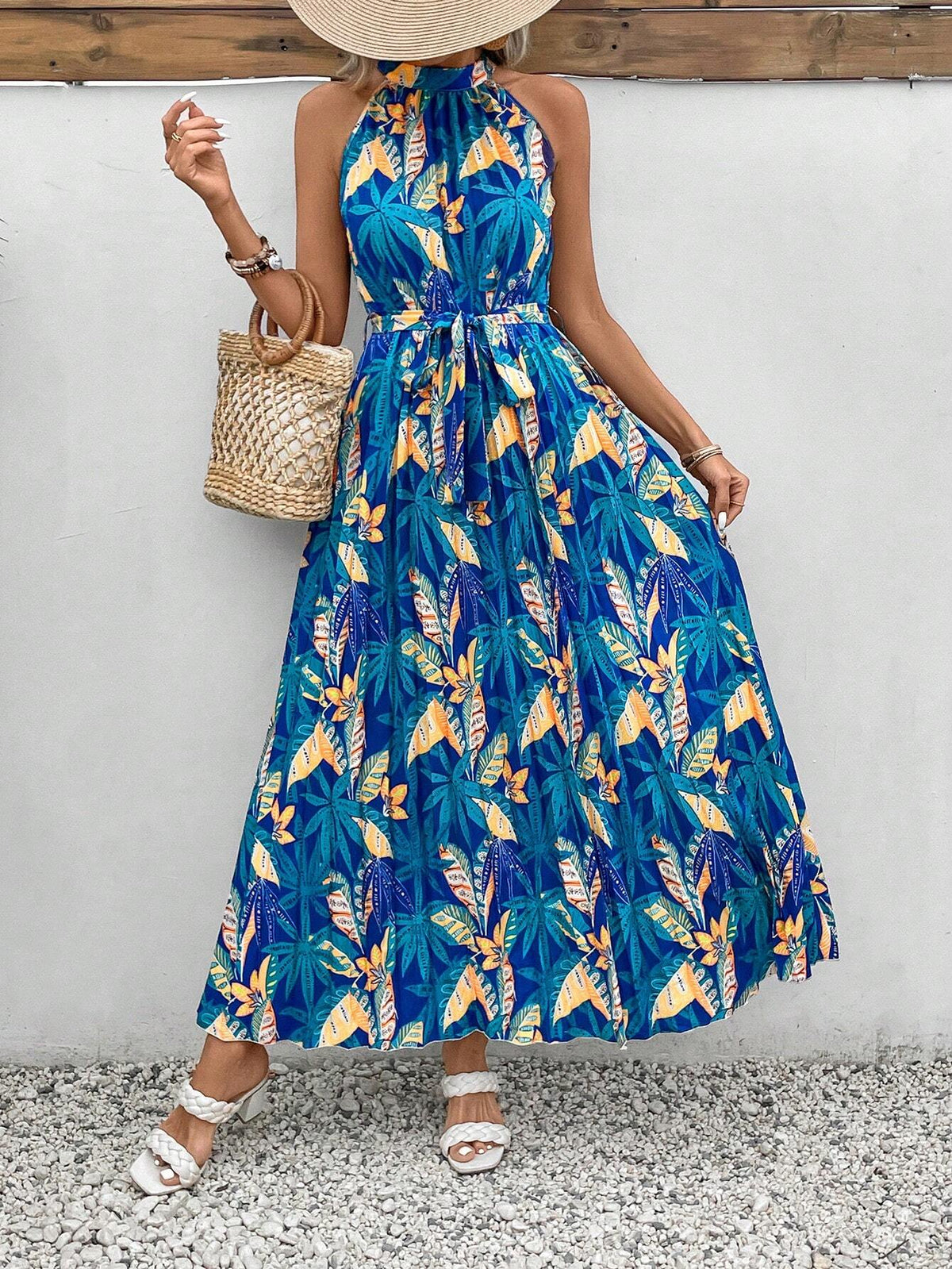 Women's Tropical Plant Print Halter Neck Vacation Style Maxi Dress