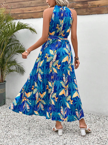 Women's Tropical Plant Print Halter Neck Vacation Style Maxi Dress