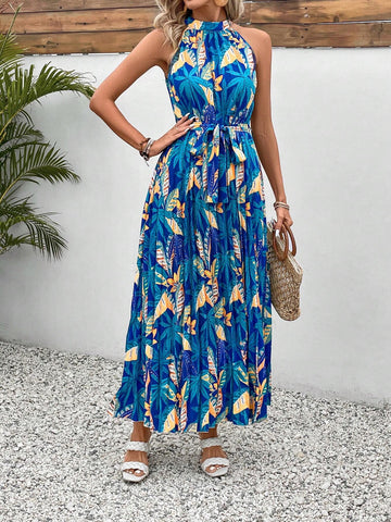 Women's Tropical Plant Print Halter Neck Vacation Style Maxi Dress