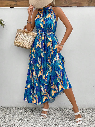 Women's Tropical Plant Print Halter Neck Vacation Style Maxi Dress