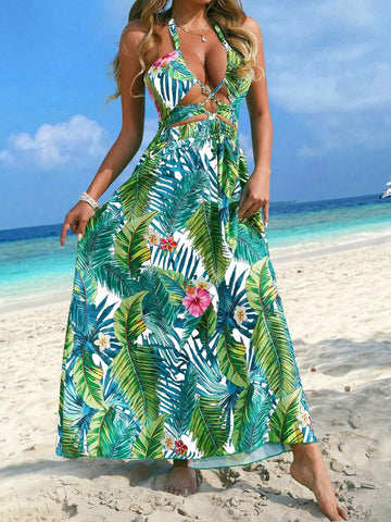Women's Tropical Plant Print Hollow Out Criss-Cross Halterneck Long Sexy Dress For Summer