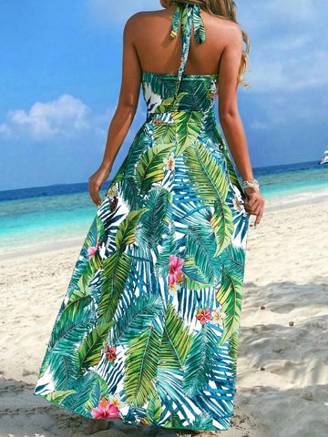Women's Tropical Plant Print Hollow Out Criss-Cross Halterneck Long Sexy Dress For Summer