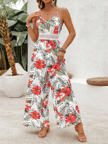 Women's Tropical Plant Printed Lace Patchwork Backless Halter Jumpsuit With Wide Leg Pants